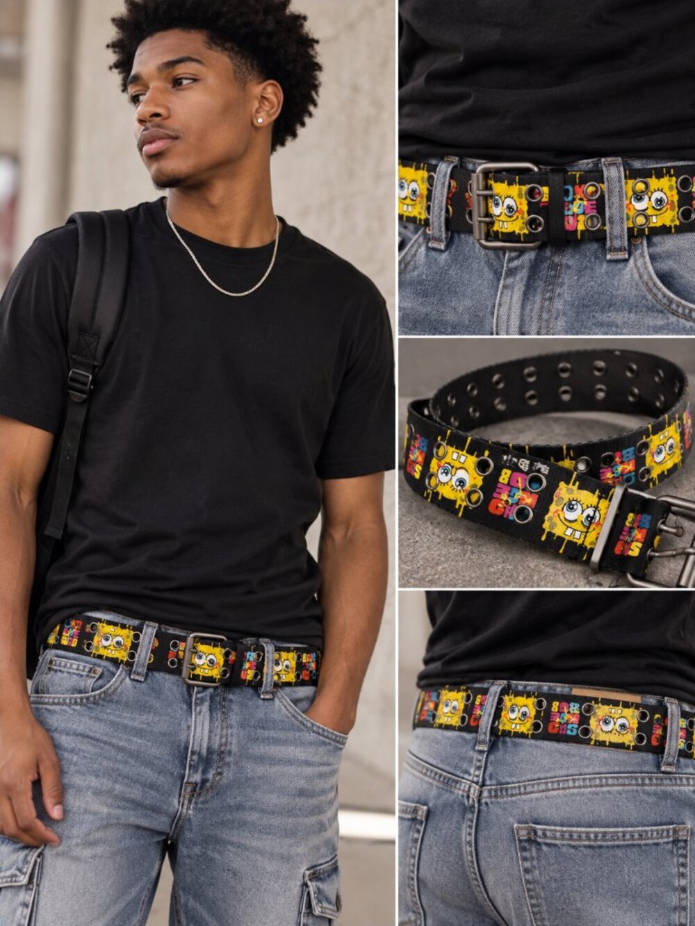 SpongeBob SquarePants 2-Prong Belt Black Graphic Adjustable Up to 42" NWT
